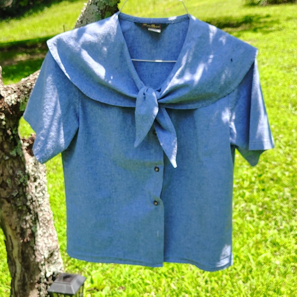 Cotton Blouse Women's Blue Soft Denim Lightweight with Large Collar